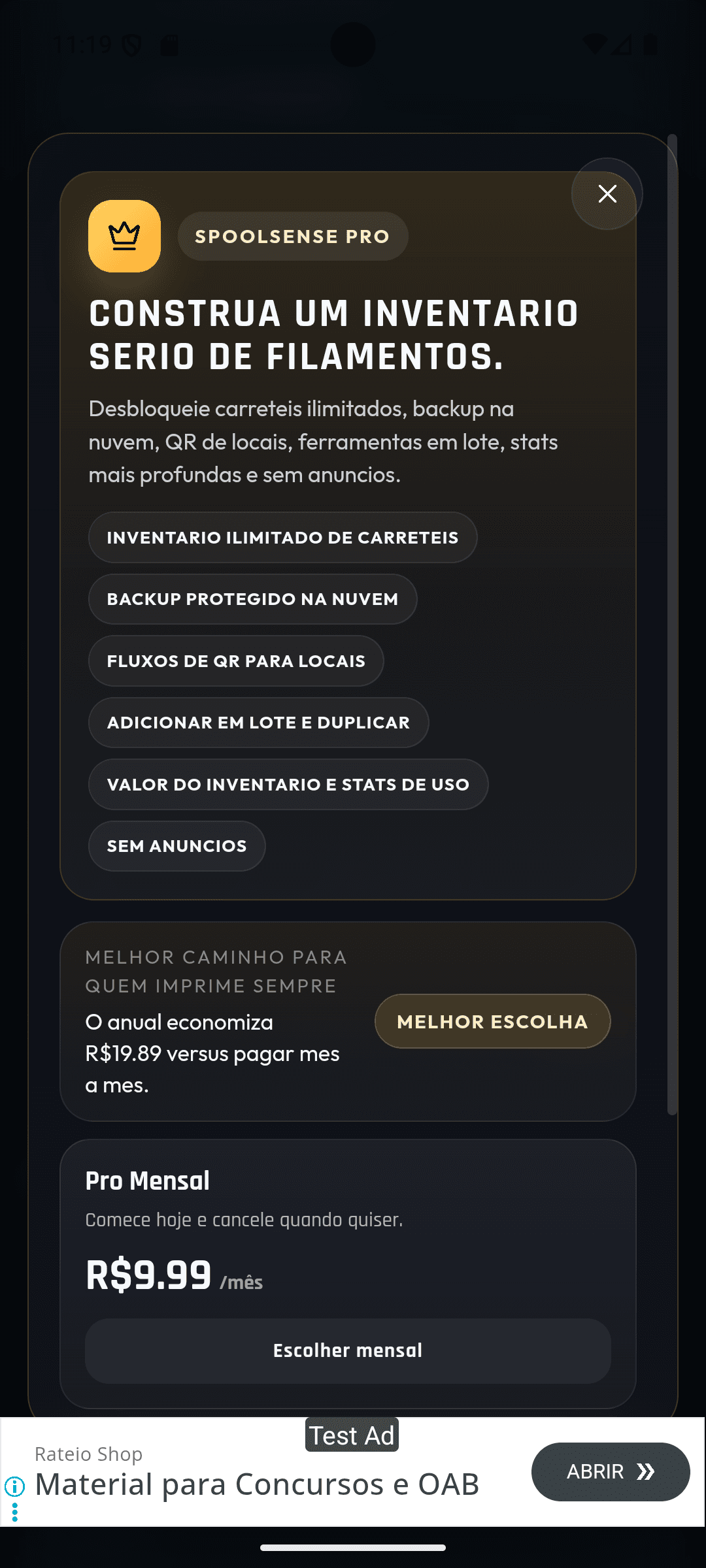 Tela real do SpoolSense Pro com inventário ilimitado, backup na nuvem, QR Code de locais e ferramentas em lote