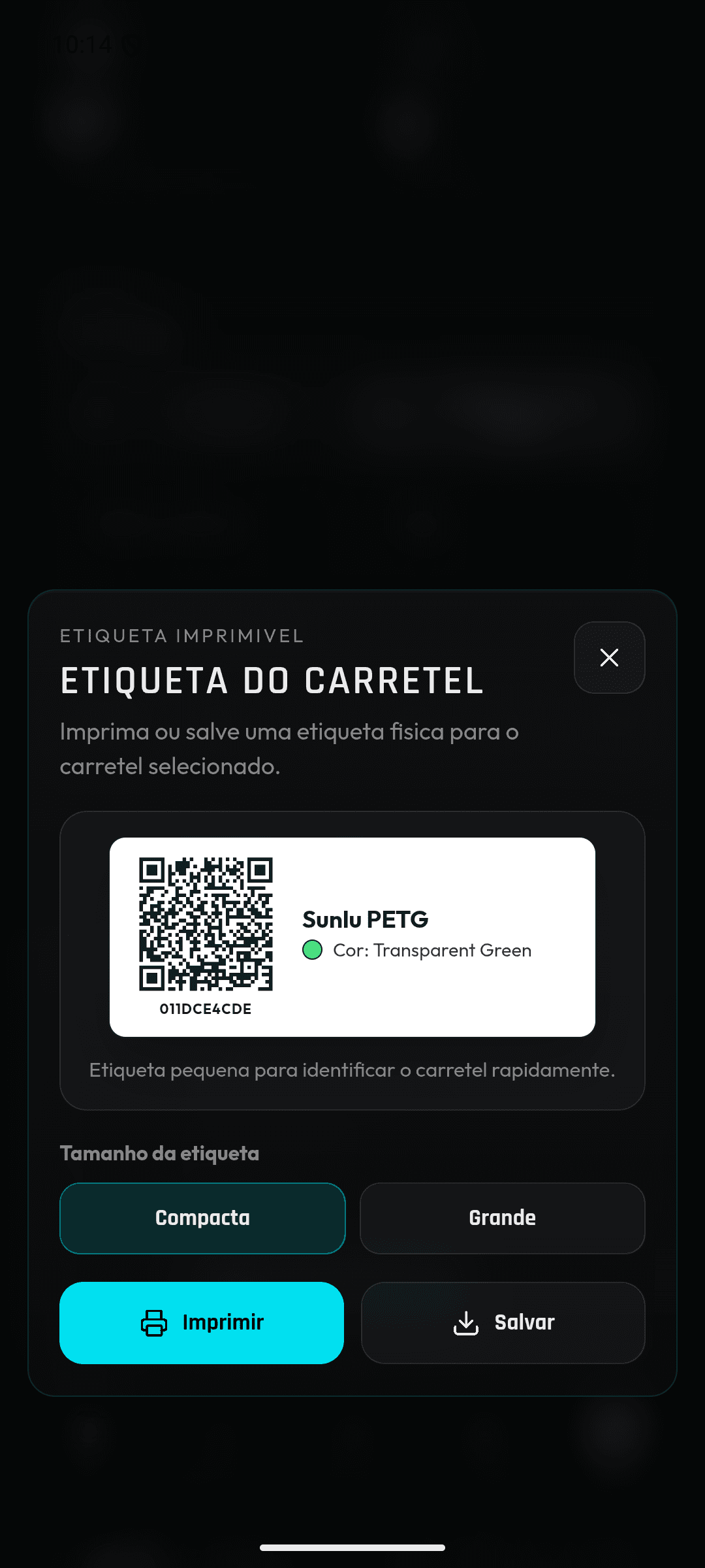 Tela do SpoolSense gerando etiqueta QR Code imprimível para uma bobina de filamento